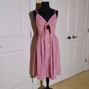 FANCYINN NWT Warm  Red Gingham Cut-Out Tie Midi Dress